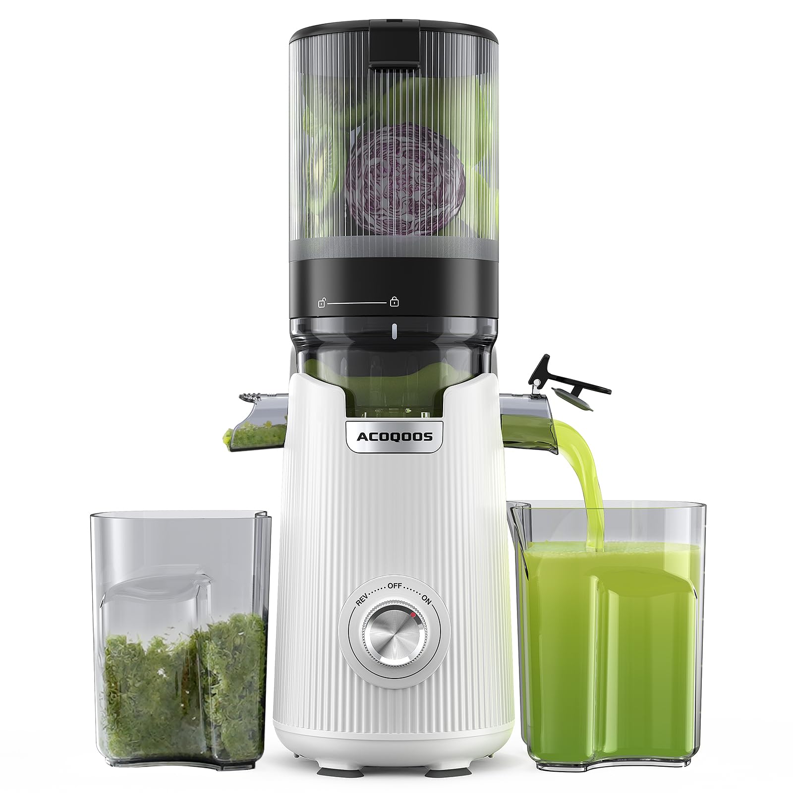 ACOQOOS Juicer Machines, Cold Press Juicer Whole Fruit and Vegetable with 5.3" Wider and Larger Feeding Chute (Capacity 1.8L), Easy to Clean Juicers with 2 Cups, Masticating Juicer Black